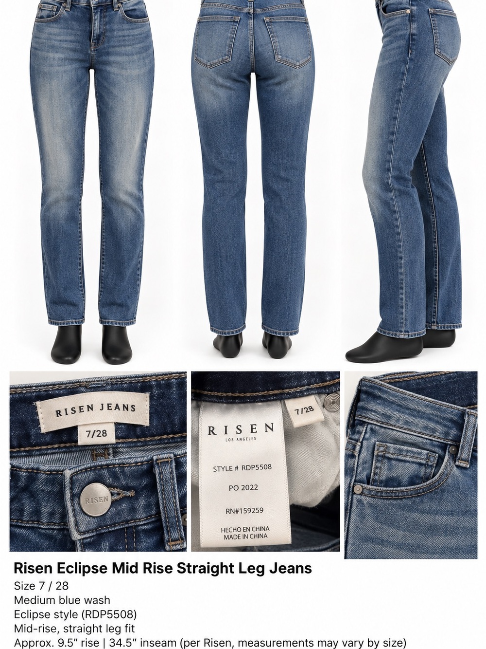 Risen Eclipse Mid-Rise Straight Leg Jeans — Medium Blue